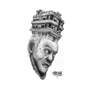Ilustración edificios sin hogar Máscara edificio sobre cara de indigente