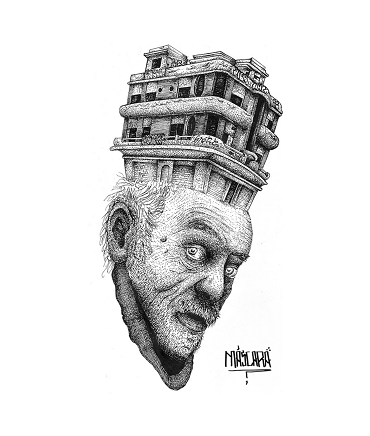 Ilustración edificios sin hogar Máscara edificio sobre cara de indigente