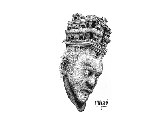 Ilustración edificios sin hogar Máscara edificio sobre cara de indigente