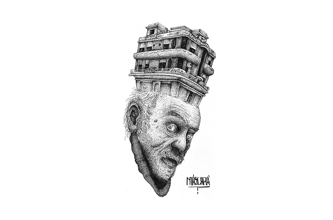 Ilustración edificios sin hogar Máscara edificio sobre cara de indigente